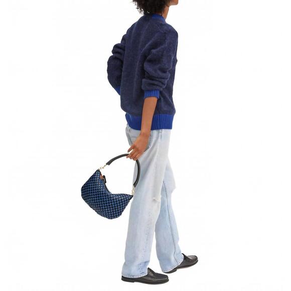 NEW CLARE V. women's petit moyen messenger bag in black/cobalt woven checker - Picture 5 of 7